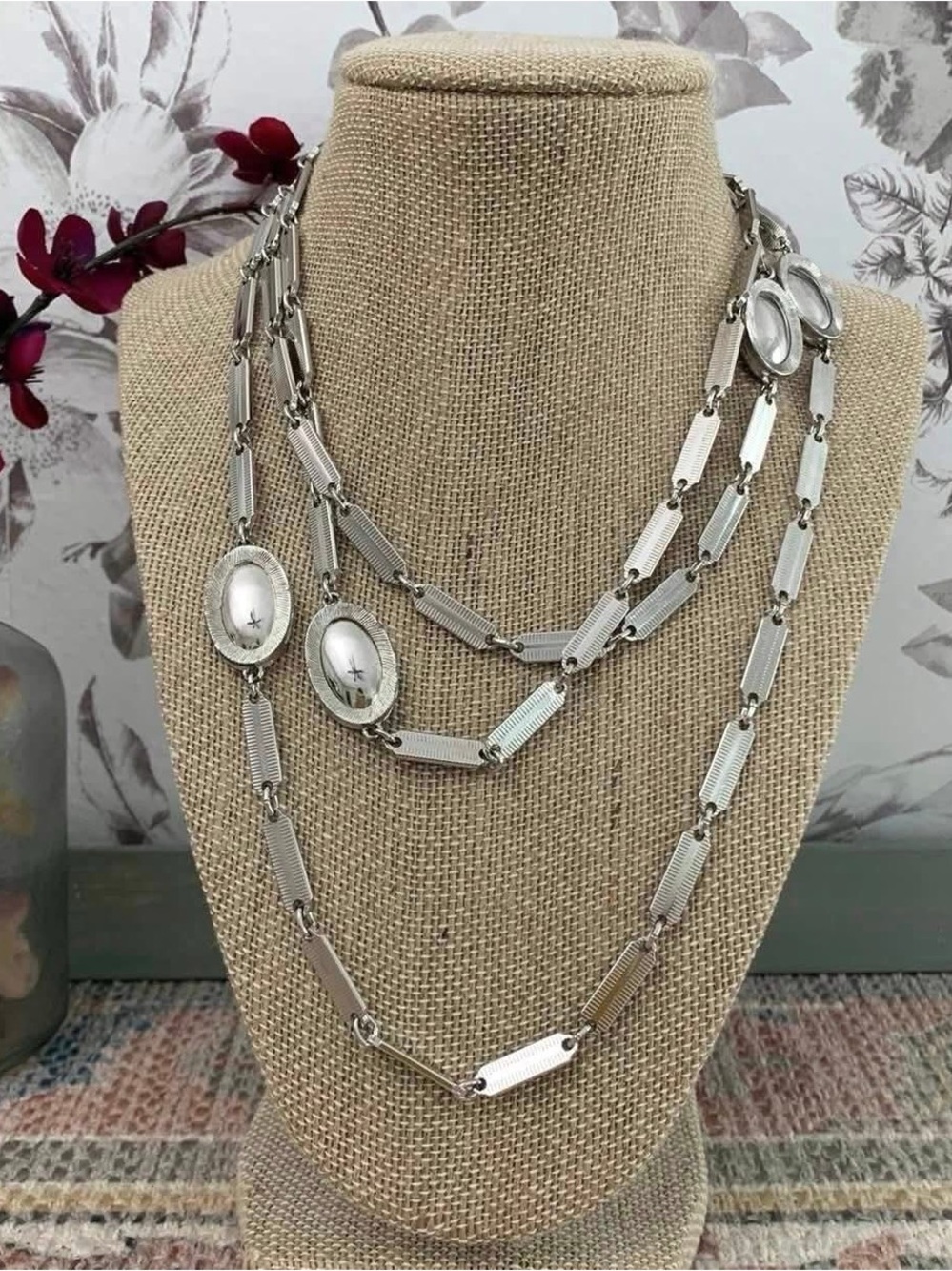 Vintage Signed Monet Chrome Mirror Long Flapper Chain Link Silver Tone Necklace